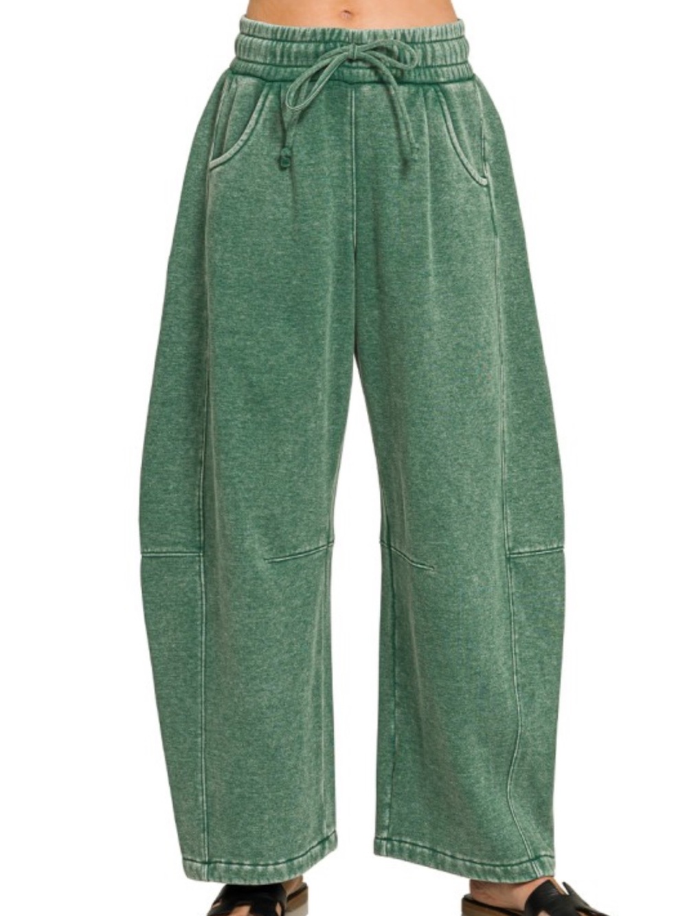 Dark Green Barrel Leg Fleece Pants
